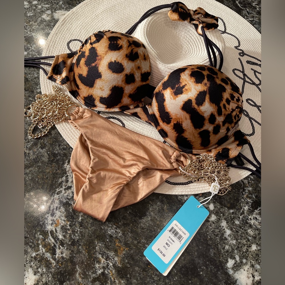 NWOT VS bikini leopard bombshell 32DD and beach bunny ball and chain bottoms M